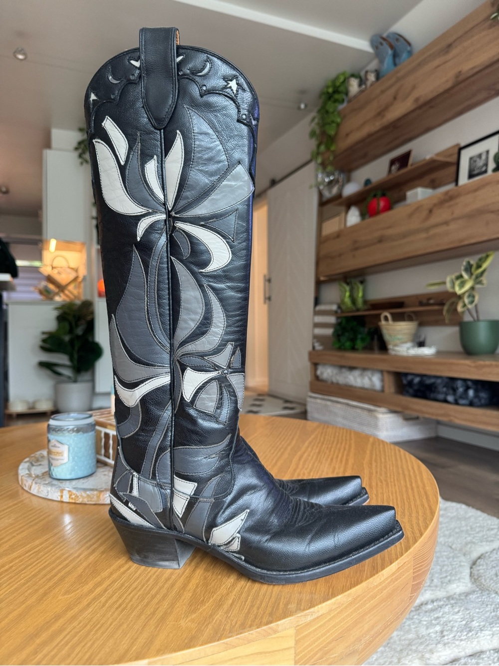 Women's Black Over-the-Knee Leather Boots with Gray & White Inlay